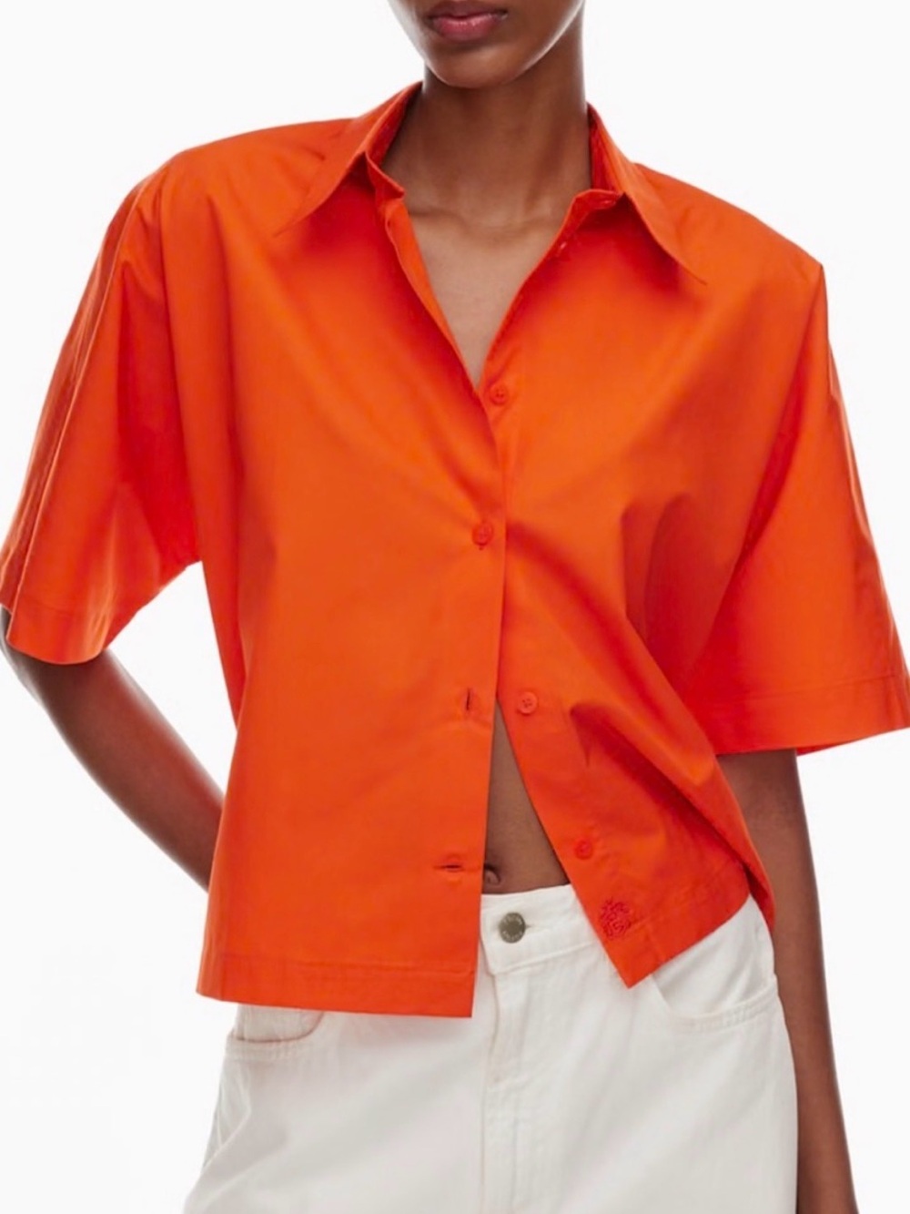 Babaton Bright Orange Short-Sleeve Button-Down Shirt